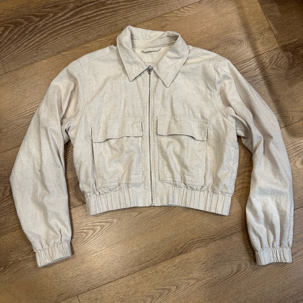 Hollister Linen Blend Cropped Bomber Jacket M minimalist neutral lightweight
